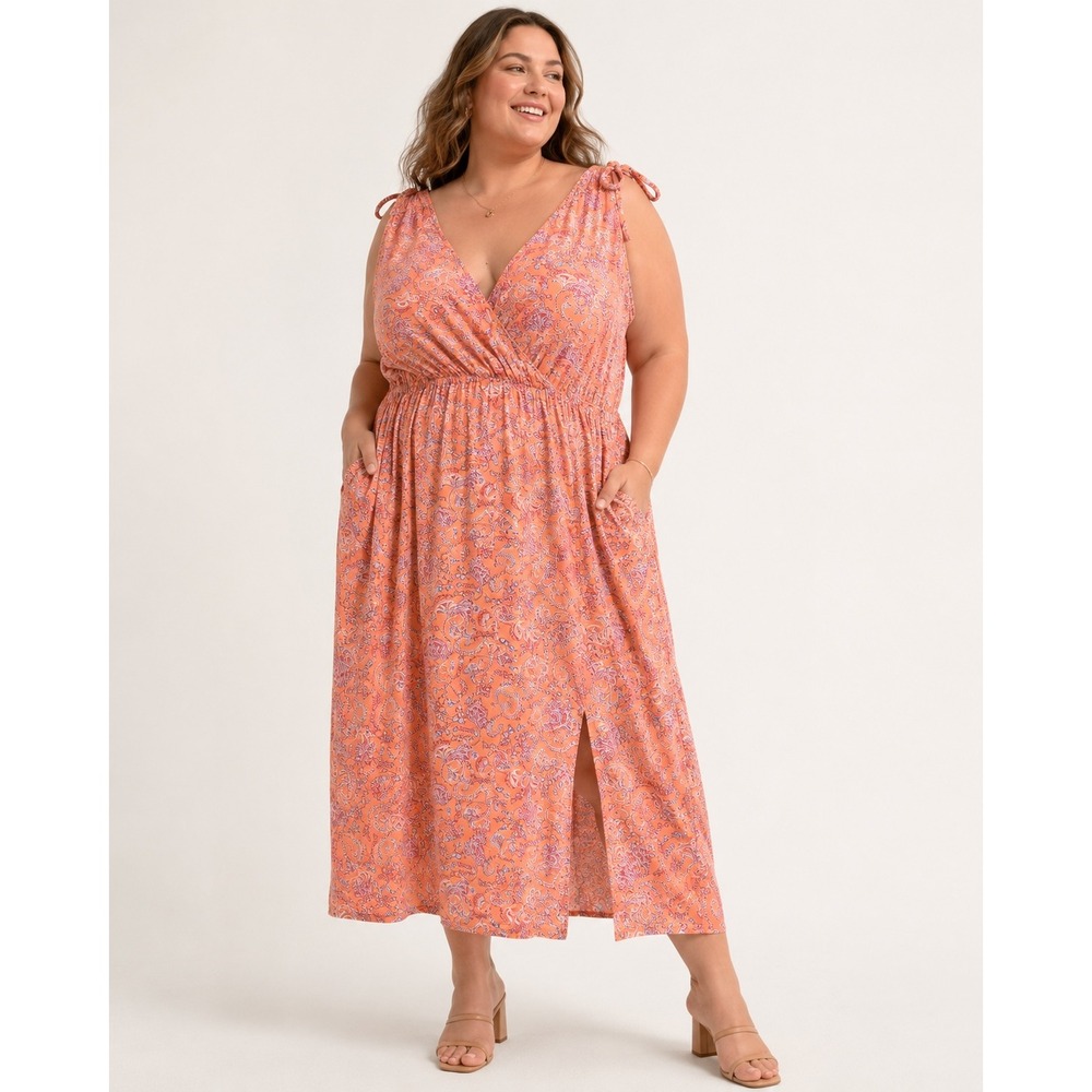 J. Jill Maxi Dress Paisley Surplice V-Neck Sleeveless Floral Orange 4X